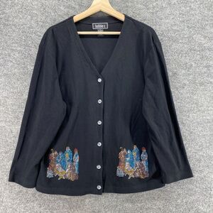 Bobbie C Cardigan Women XL Black Rhinestone V-Neck Long Sleeve Cotton Button